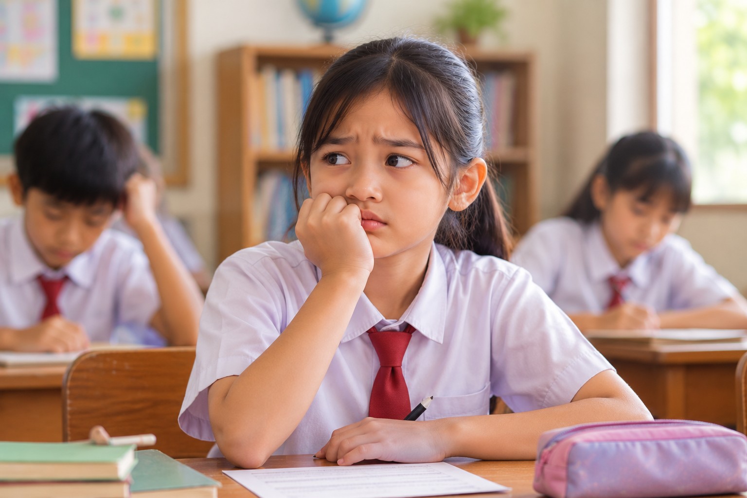 Anak perempuan di lorong sekolah